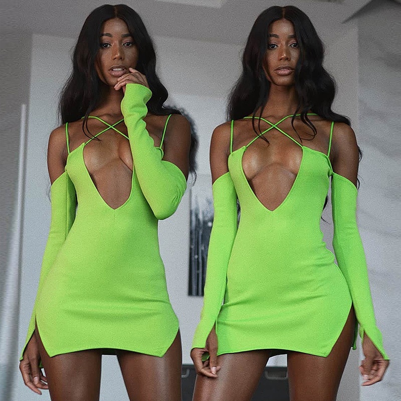 Women S Neon Green Criss Cross Mini Dress Alanakea